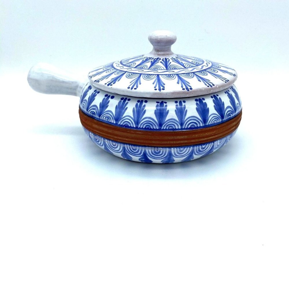 TLAL MICH COLIN Mexican Pottery Hand Painted Cobalt Blue White Bean Bowl w/Lid